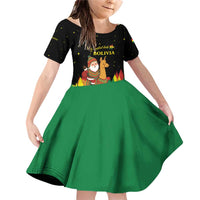 Bolivia Christmas Family Matching Off Shoulder Short Dress and Hawaiian Shirt with Santa Claus Llama Andean Outfit and Festive Tree Design - Wonder Print Shop
