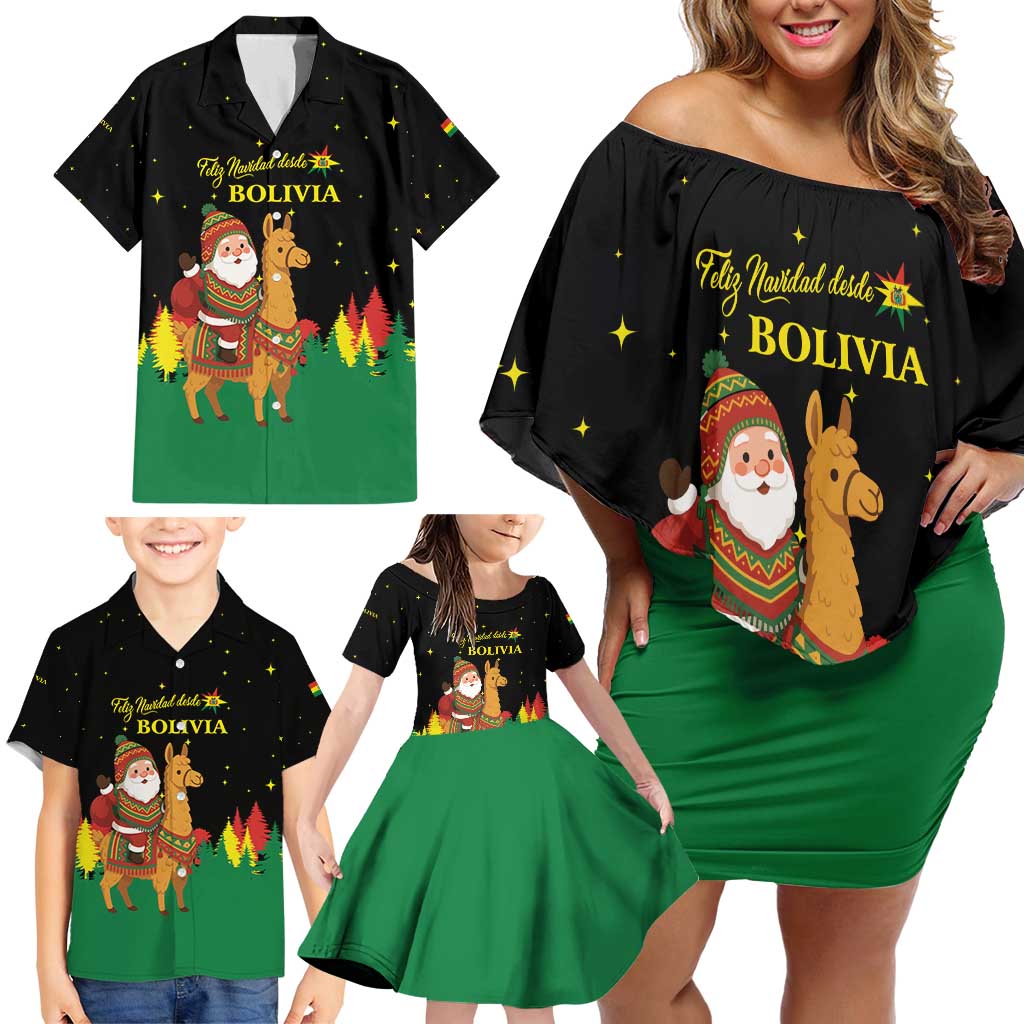 Bolivia Christmas Family Matching Off Shoulder Short Dress and Hawaiian Shirt with Santa Claus Llama Andean Outfit and Festive Tree Design - Wonder Print Shop