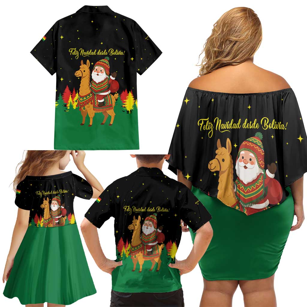 Bolivia Christmas Family Matching Off Shoulder Short Dress and Hawaiian Shirt with Santa Claus Llama Andean Outfit and Festive Tree Design - Wonder Print Shop