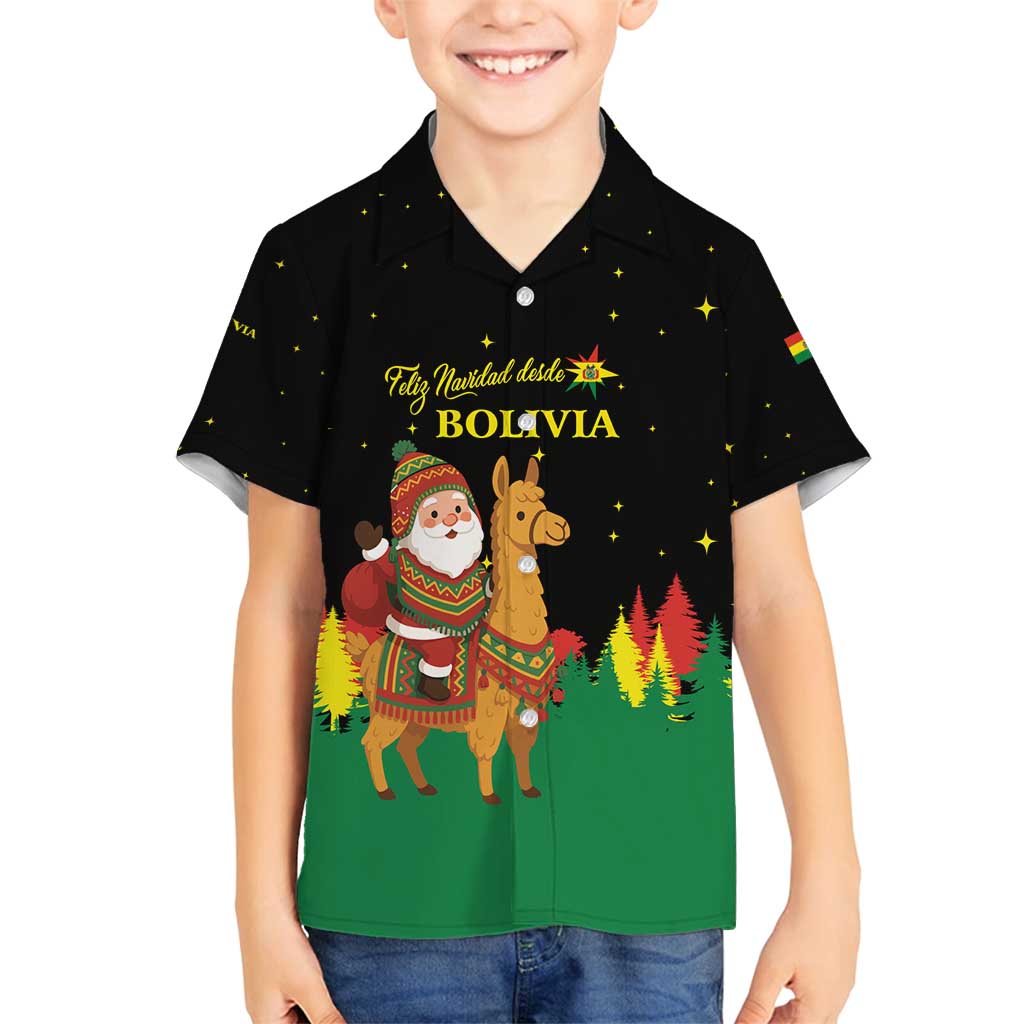 Bolivia Christmas Family Matching Off Shoulder Short Dress and Hawaiian Shirt with Santa Claus Llama Andean Outfit and Festive Tree Design - Wonder Print Shop