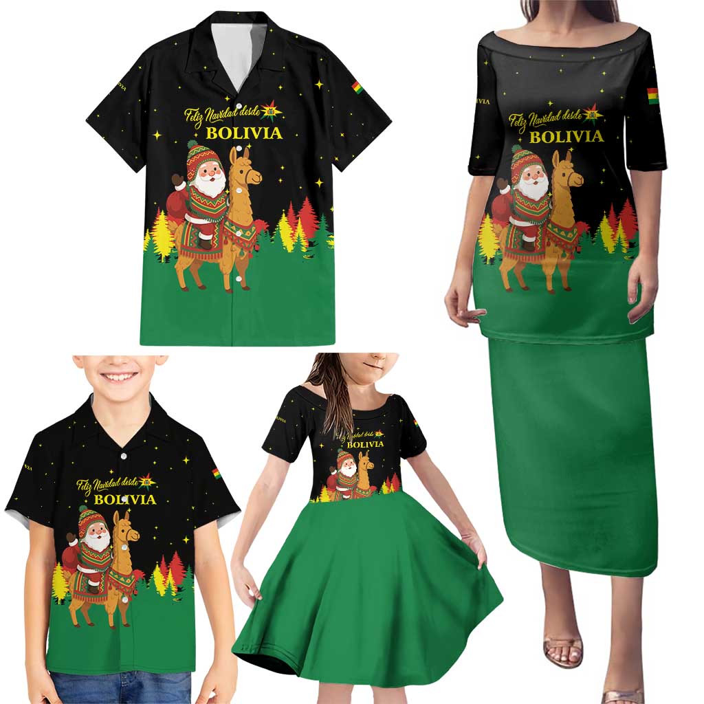 Bolivia Christmas Family Matching Puletasi and Hawaiian Shirt with Santa Claus Llama Andean Outfit and Festive Tree Design - Wonder Print Shop