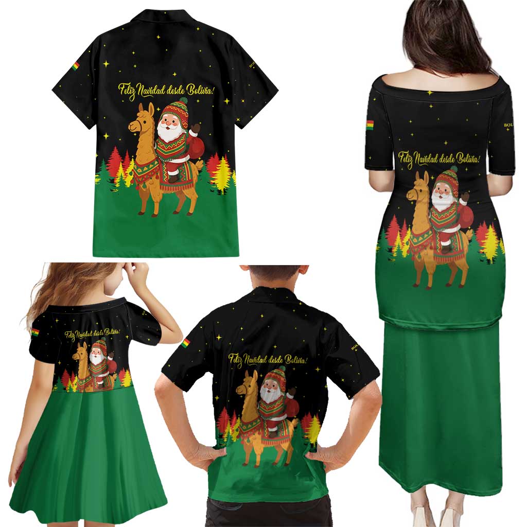 Bolivia Christmas Family Matching Puletasi and Hawaiian Shirt with Santa Claus Llama Andean Outfit and Festive Tree Design - Wonder Print Shop