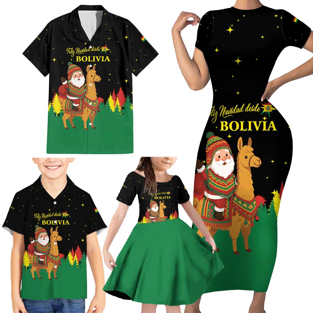 Bolivia Christmas Family Matching Short Sleeve Bodycon Dress and Hawaiian Shirt with Santa Claus Llama Andean Outfit and Festive Tree Design - Wonder Print Shop