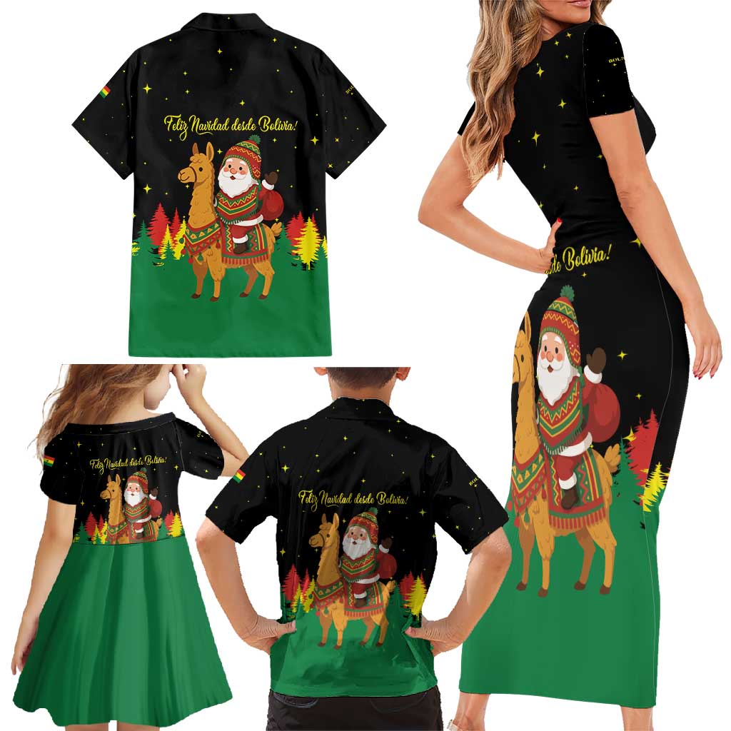 Bolivia Christmas Family Matching Short Sleeve Bodycon Dress and Hawaiian Shirt with Santa Claus Llama Andean Outfit and Festive Tree Design - Wonder Print Shop