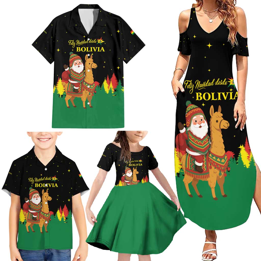 Bolivia Christmas Family Matching Summer Maxi Dress and Hawaiian Shirt with Santa Claus Llama Andean Outfit and Festive Tree Design - Wonder Print Shop