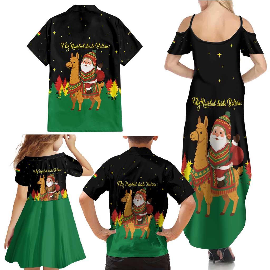 Bolivia Christmas Family Matching Summer Maxi Dress and Hawaiian Shirt with Santa Claus Llama Andean Outfit and Festive Tree Design - Wonder Print Shop