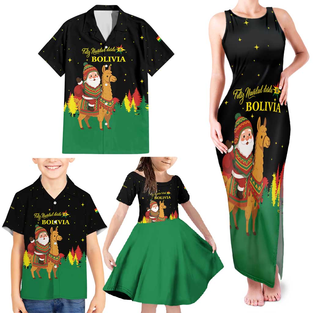 Bolivia Christmas Family Matching Tank Maxi Dress and Hawaiian Shirt with Santa Claus Llama Andean Outfit and Festive Tree Design - Wonder Print Shop