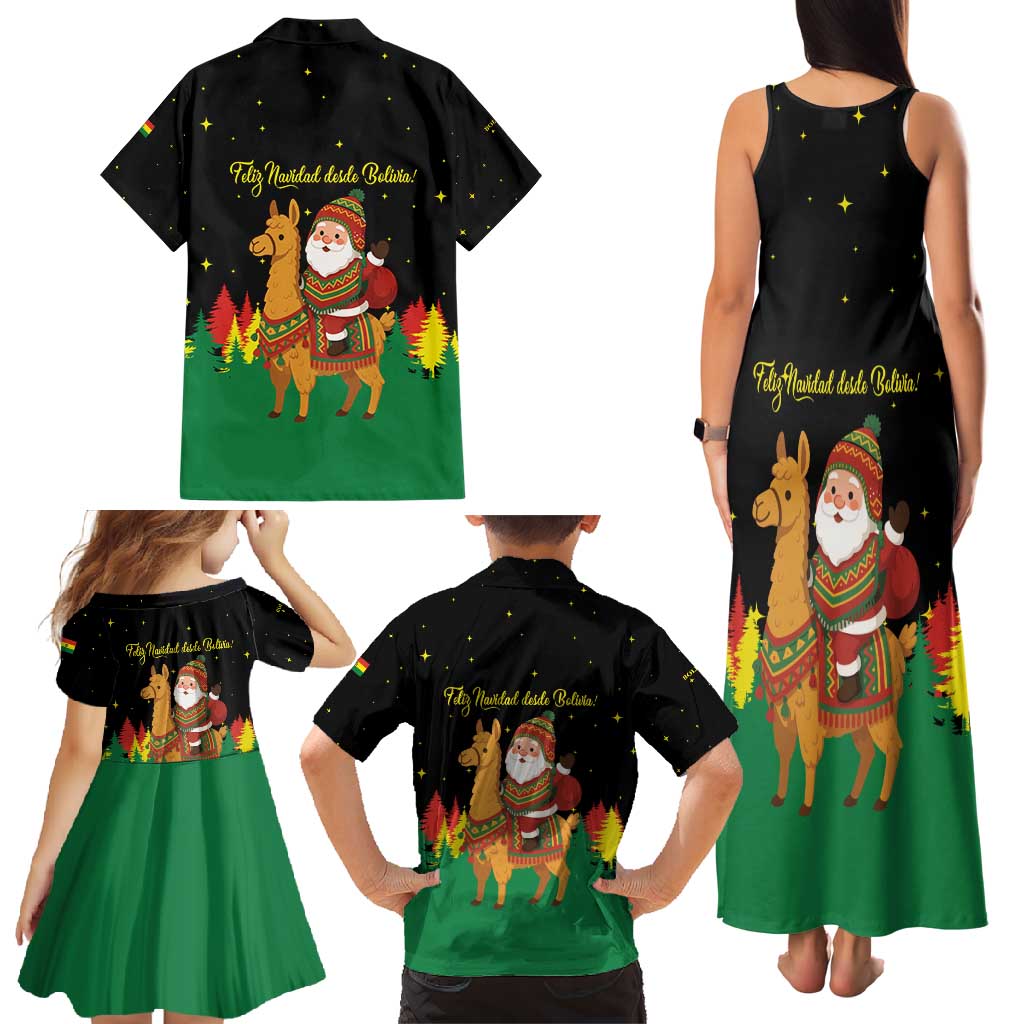 Bolivia Christmas Family Matching Tank Maxi Dress and Hawaiian Shirt with Santa Claus Llama Andean Outfit and Festive Tree Design - Wonder Print Shop