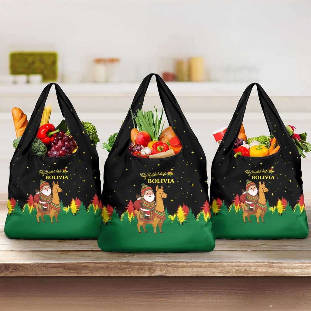 Bolivia Christmas Grocery Bag with Santa Claus Llama Andean Outfit and Festive Tree Design - Wonder Print Shop