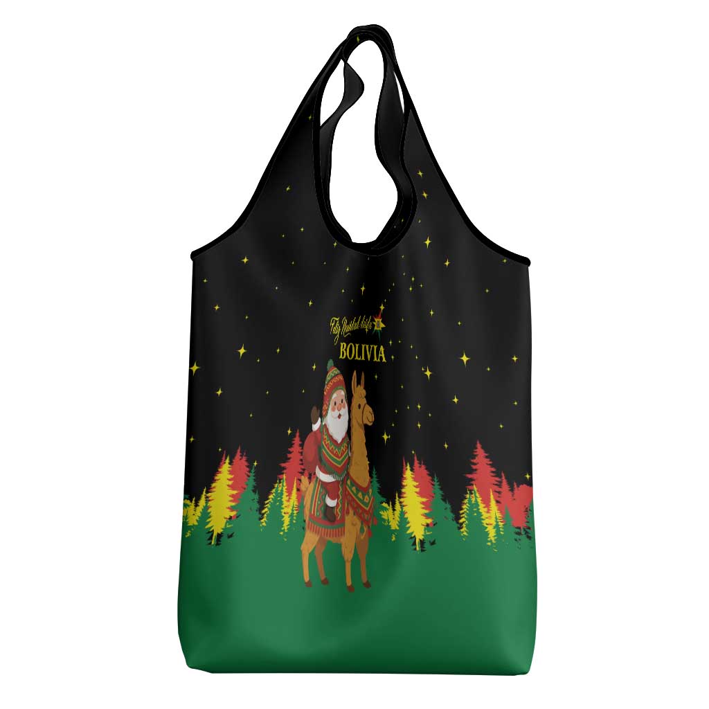 Bolivia Christmas Grocery Bag with Santa Claus Llama Andean Outfit and Festive Tree Design - Wonder Print Shop