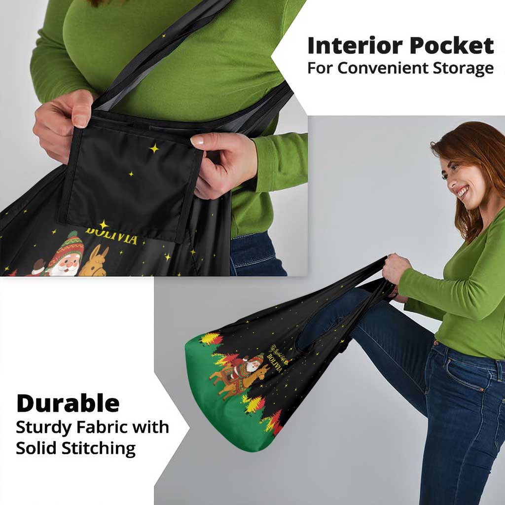 Bolivia Christmas Grocery Bag with Santa Claus Llama Andean Outfit and Festive Tree Design - Wonder Print Shop