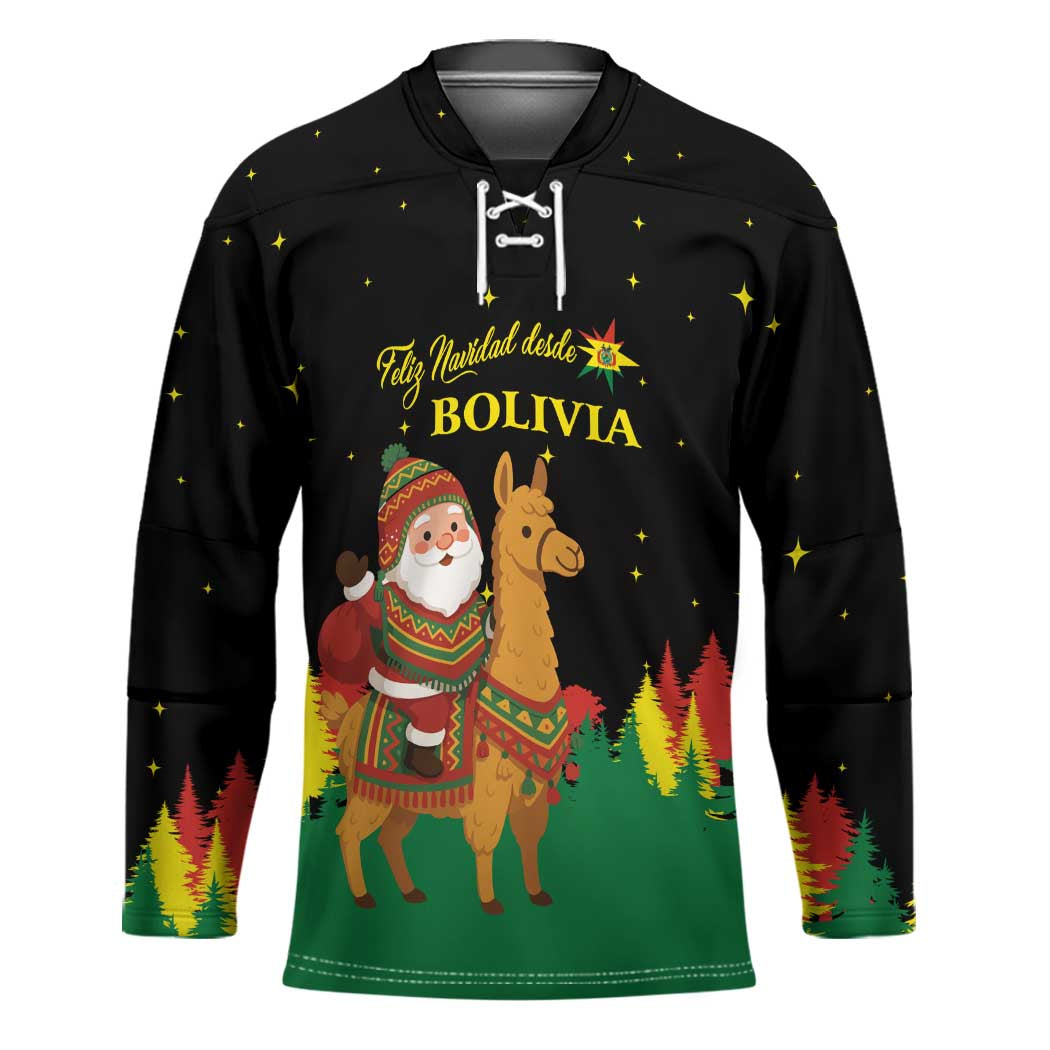 Bolivia Christmas Hockey Jersey with Santa Claus Llama Andean Outfit and Festive Tree Design - Wonder Print Shop