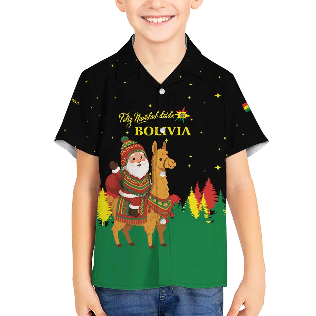 Bolivia Christmas Kid Hawaiian Shirt with Santa Claus Llama Andean Outfit and Festive Tree Design - Wonder Print Shop