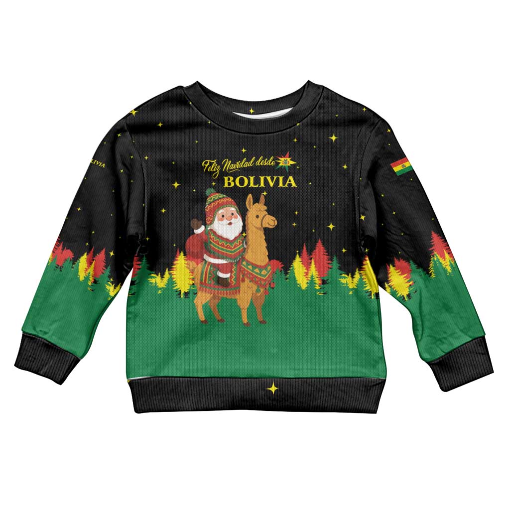 Bolivia Christmas Kid Ugly Christmas Sweater with Santa Claus Llama Andean Outfit and Festive Tree Design - Wonder Print Shop