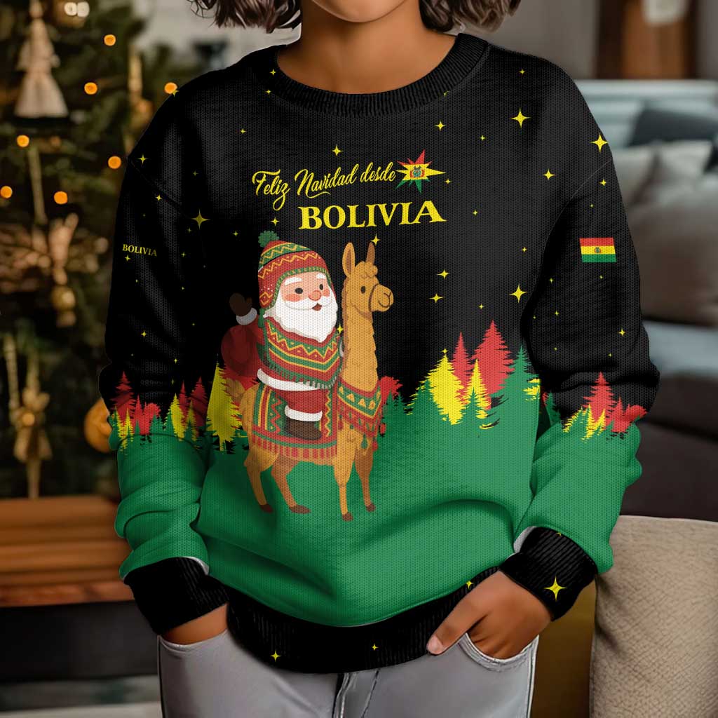 Bolivia Christmas Kid Ugly Christmas Sweater with Santa Claus Llama Andean Outfit and Festive Tree Design - Wonder Print Shop