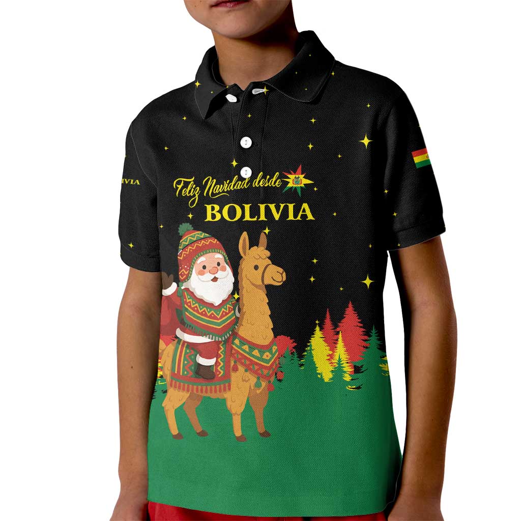 Bolivia Christmas Kid Polo Shirt with Santa Claus Llama Andean Outfit and Festive Tree Design - Wonder Print Shop