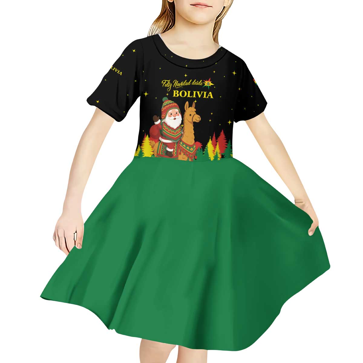 Bolivia Christmas Kid Short Sleeve Dress with Santa Claus Llama Andean Outfit and Festive Tree Design - Wonder Print Shop
