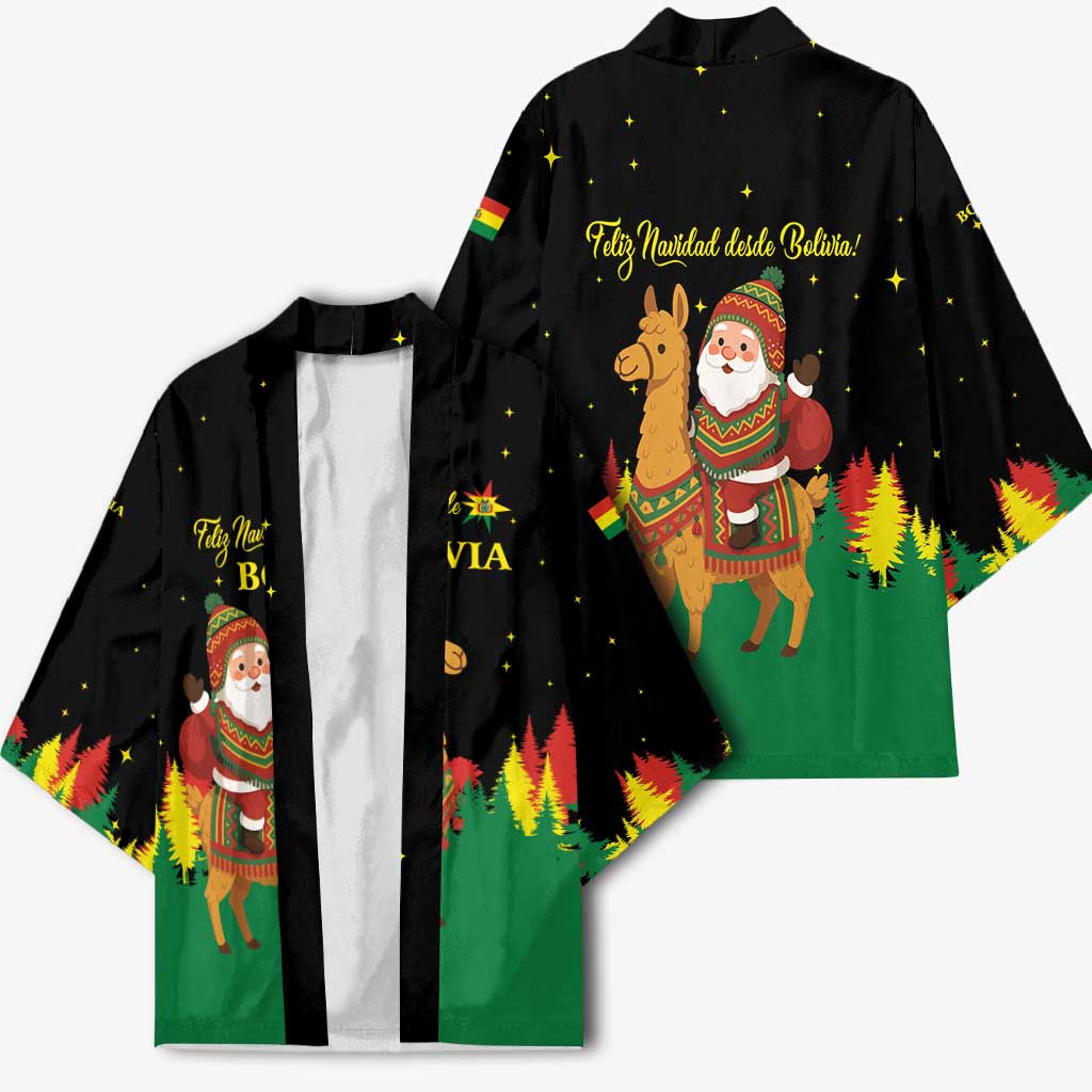 Bolivia Christmas Kimono with Santa Claus Llama Andean Outfit and Festive Tree Design - Wonder Print Shop