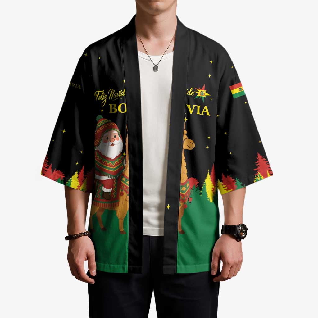 Bolivia Christmas Kimono with Santa Claus Llama Andean Outfit and Festive Tree Design - Wonder Print Shop
