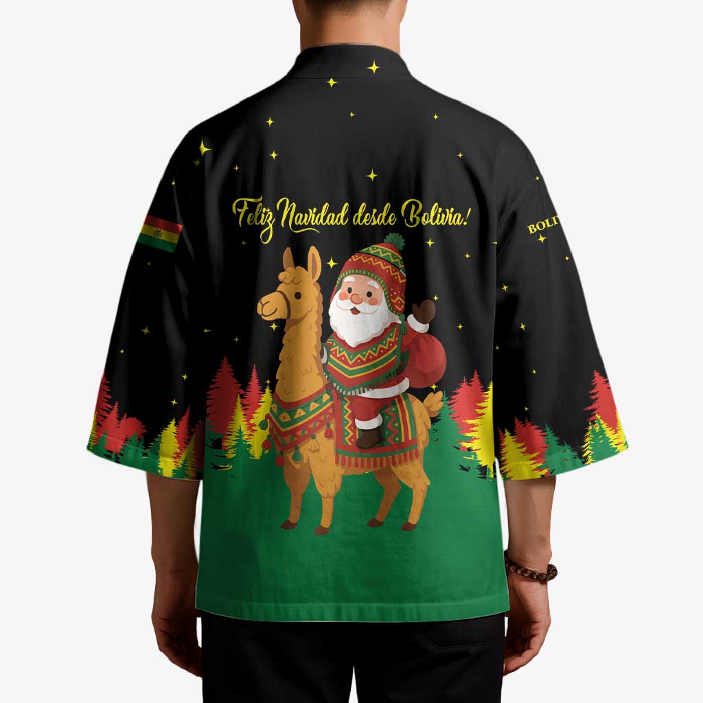 Bolivia Christmas Kimono with Santa Claus Llama Andean Outfit and Festive Tree Design - Wonder Print Shop