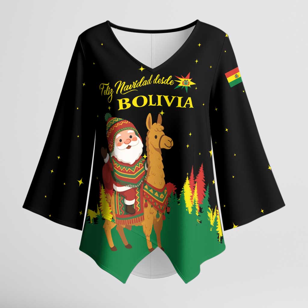 Bolivia Christmas Kimono Sleeve Blouse with Santa Claus Llama Andean Outfit and Festive Tree Design - Wonder Print Shop
