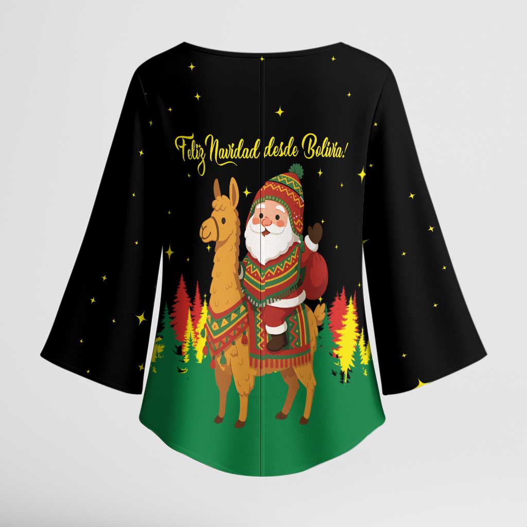 Bolivia Christmas Kimono Sleeve Blouse with Santa Claus Llama Andean Outfit and Festive Tree Design - Wonder Print Shop