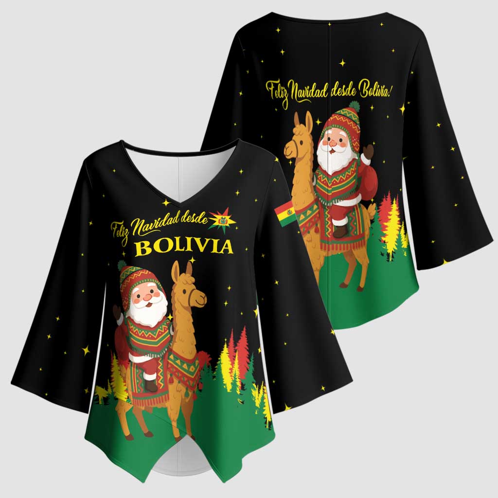 Bolivia Christmas Kimono Sleeve Blouse with Santa Claus Llama Andean Outfit and Festive Tree Design - Wonder Print Shop