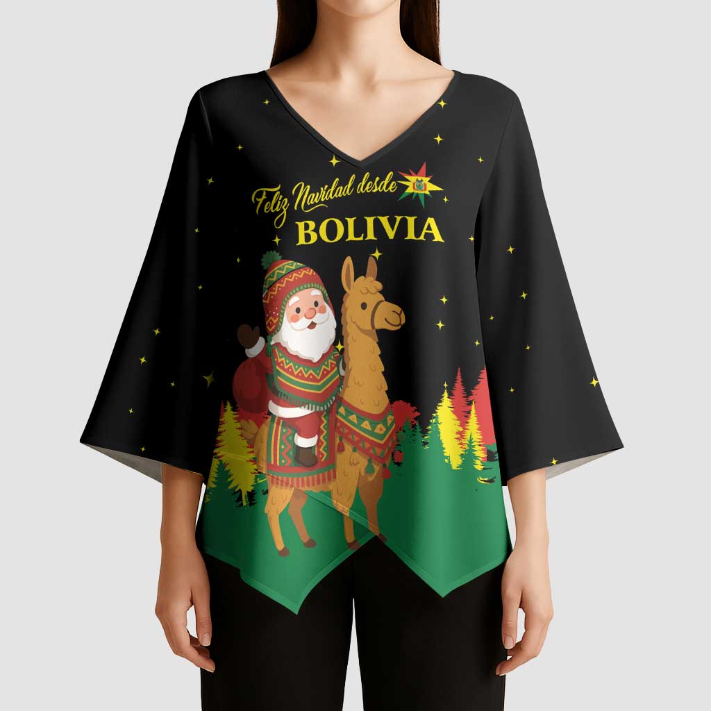 Bolivia Christmas Kimono Sleeve Blouse with Santa Claus Llama Andean Outfit and Festive Tree Design - Wonder Print Shop