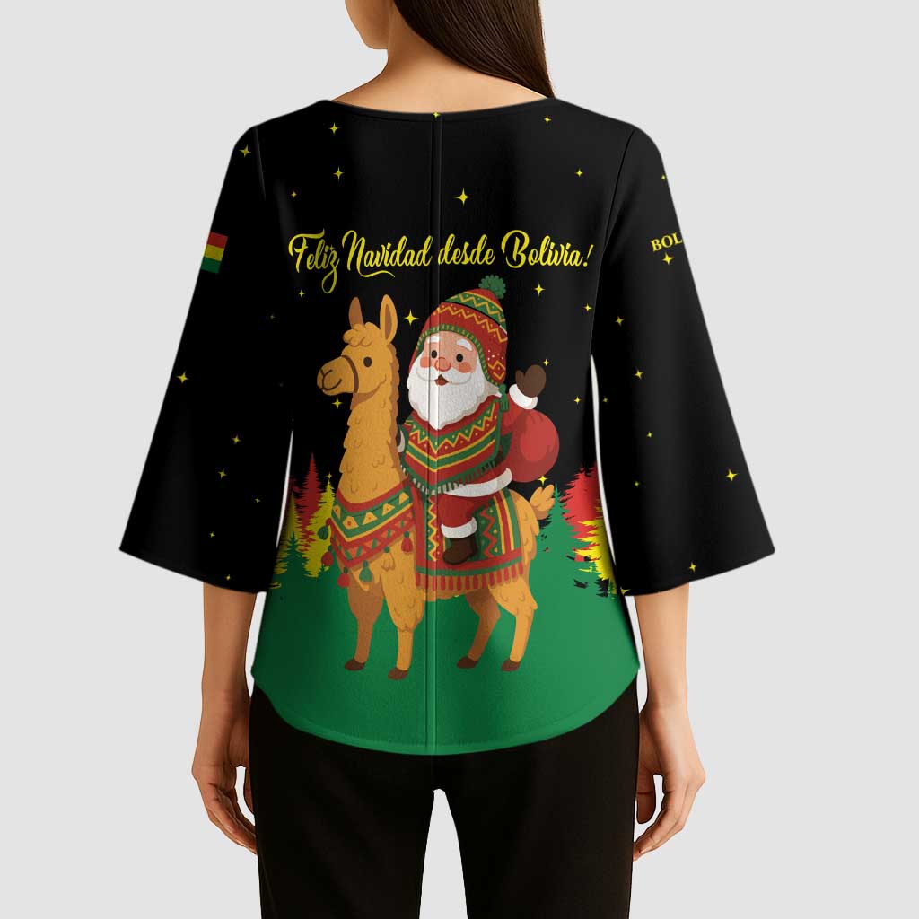 Bolivia Christmas Kimono Sleeve Blouse with Santa Claus Llama Andean Outfit and Festive Tree Design - Wonder Print Shop