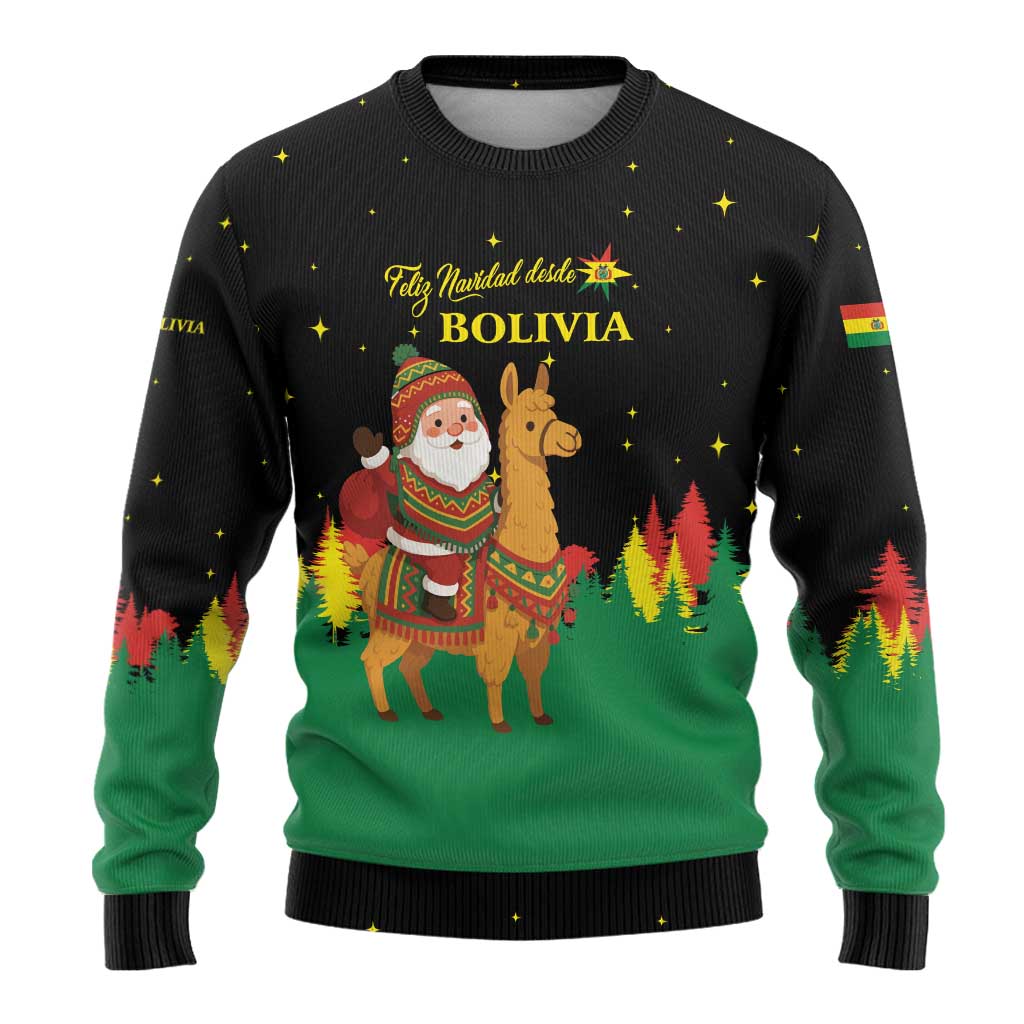 Bolivia Christmas Ugly Christmas Sweater with Santa Claus Llama Andean Outfit and Festive Tree Design - Wonder Print Shop