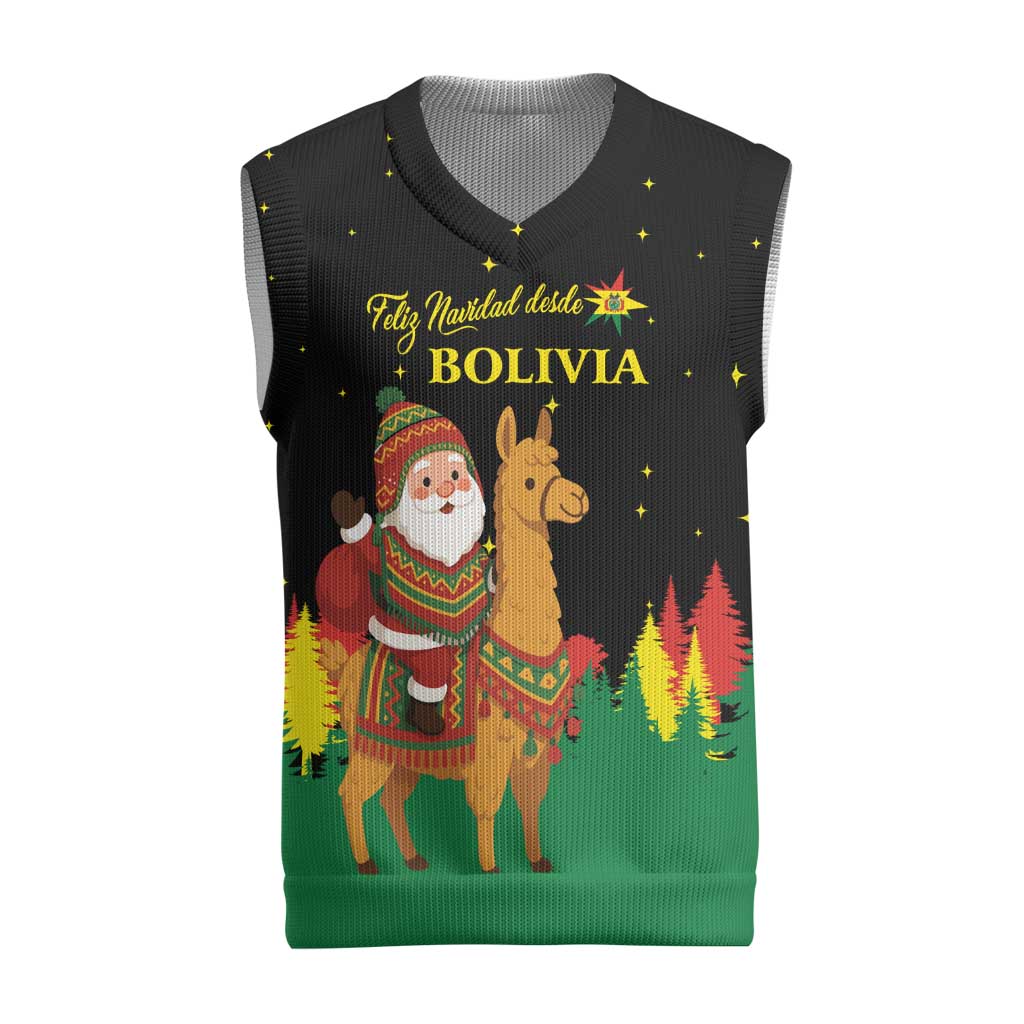 Bolivia Christmas Knitted V-Neck Vest with Santa Claus Llama Andean Outfit and Festive Tree Design - Wonder Print Shop