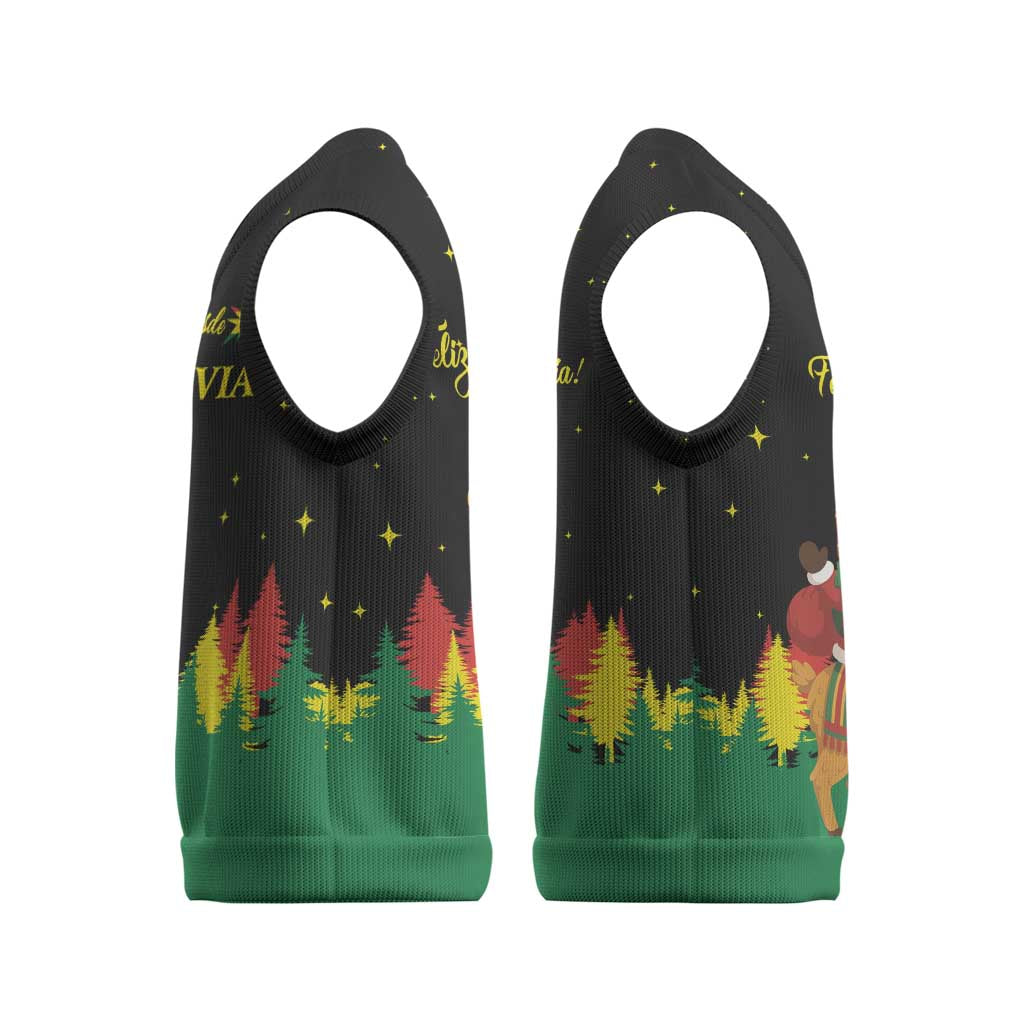 Bolivia Christmas Knitted V-Neck Vest with Santa Claus Llama Andean Outfit and Festive Tree Design - Wonder Print Shop