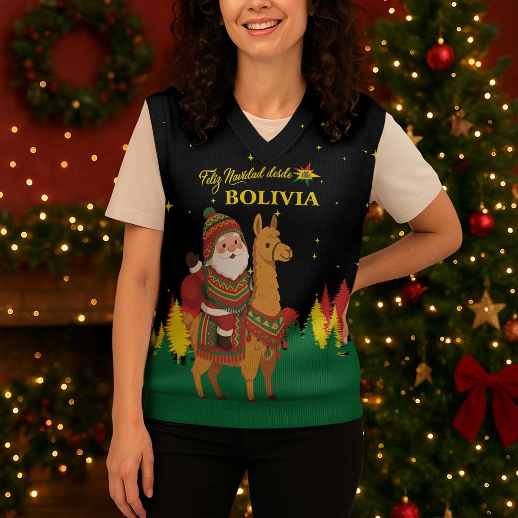 Bolivia Christmas Knitted V-Neck Vest with Santa Claus Llama Andean Outfit and Festive Tree Design - Wonder Print Shop