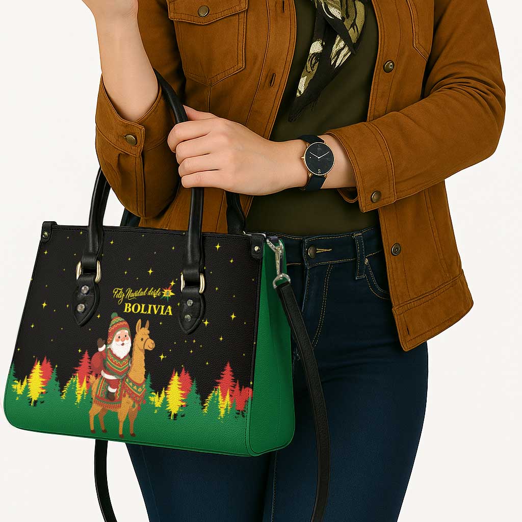 Bolivia Christmas Leather Bag with Santa Claus Llama Andean Outfit and Festive Tree Design - Wonder Print Shop