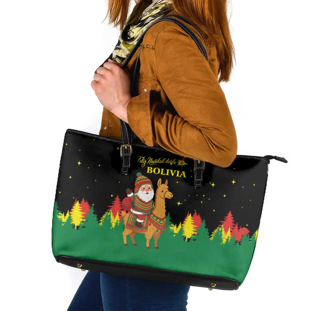 Bolivia Christmas Leather Tote Bag with Santa Claus Llama Andean Outfit and Festive Tree Design - Wonder Print Shop