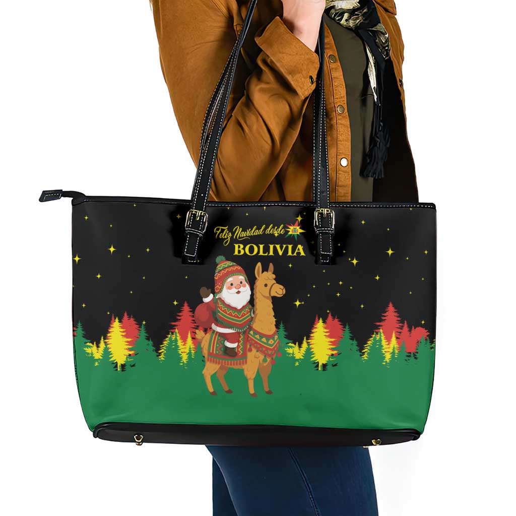 Bolivia Christmas Leather Tote Bag with Santa Claus Llama Andean Outfit and Festive Tree Design - Wonder Print Shop