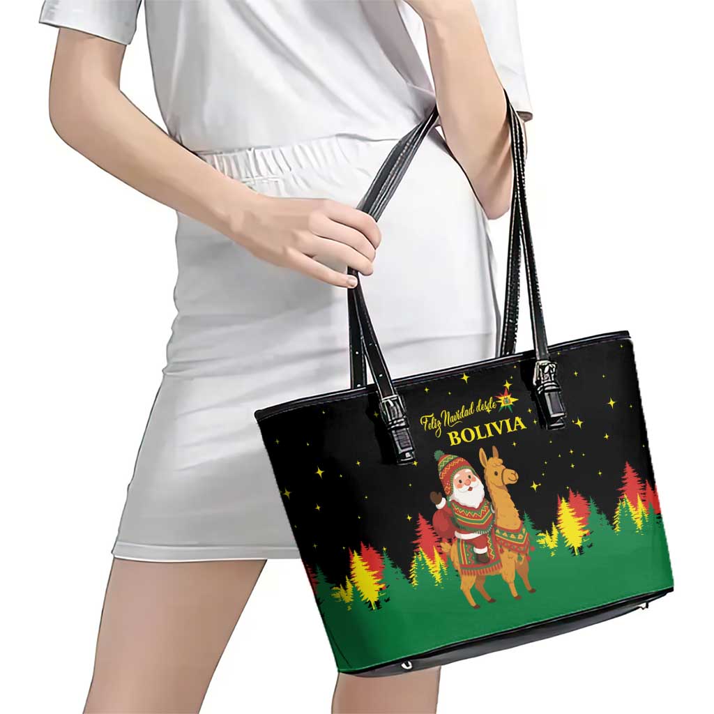 Bolivia Christmas Leather Tote Bag with Santa Claus Llama Andean Outfit and Festive Tree Design - Wonder Print Shop