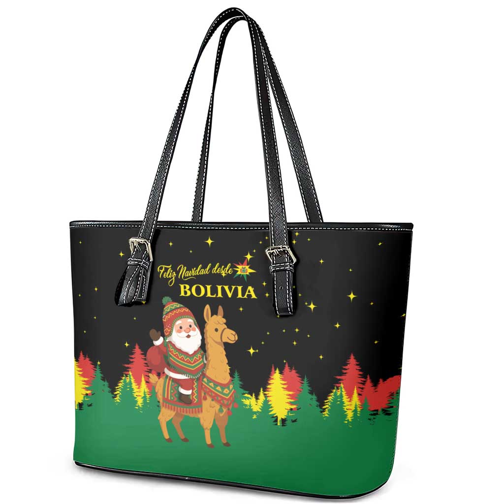 Bolivia Christmas Leather Tote Bag with Santa Claus Llama Andean Outfit and Festive Tree Design - Wonder Print Shop