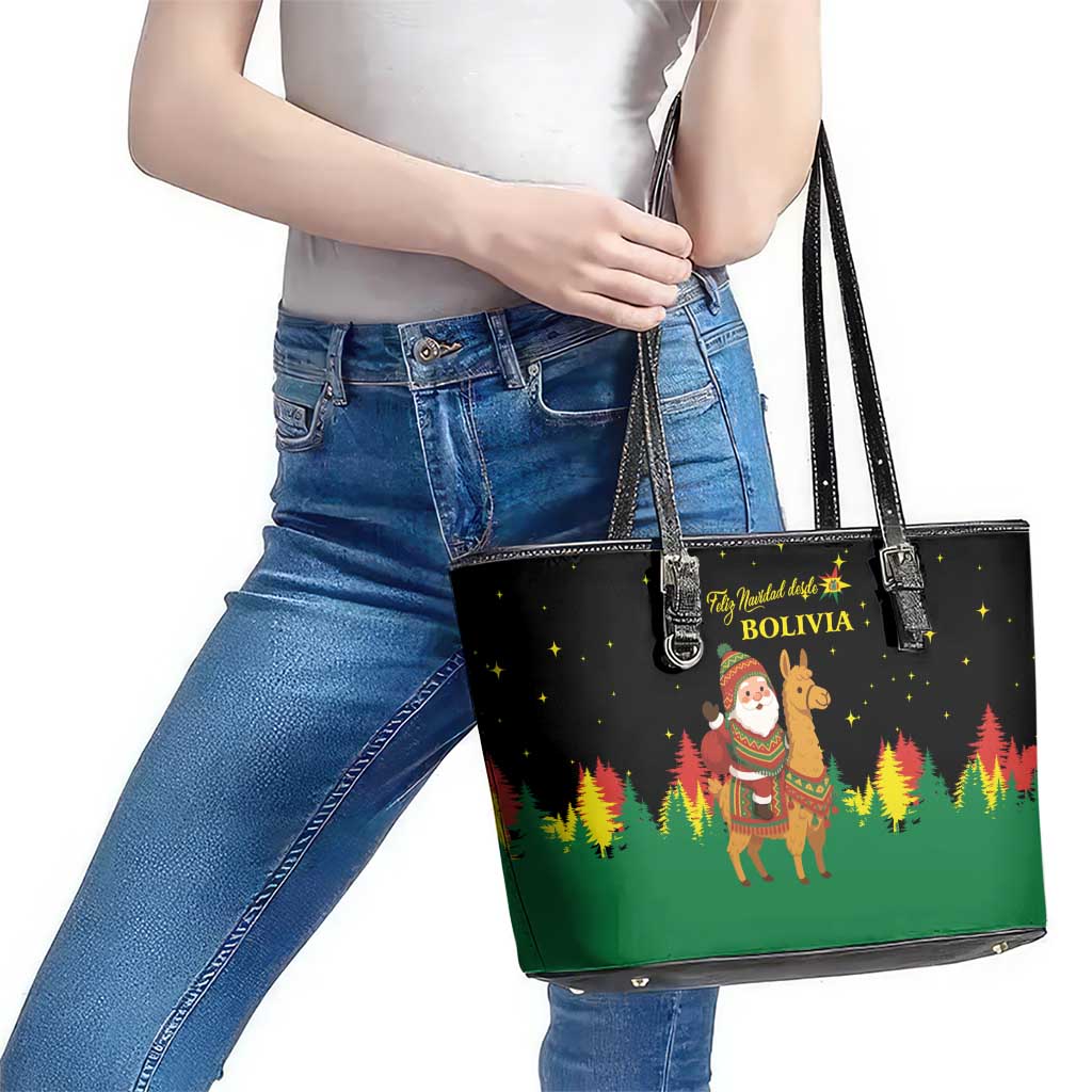Bolivia Christmas Leather Tote Bag with Santa Claus Llama Andean Outfit and Festive Tree Design - Wonder Print Shop