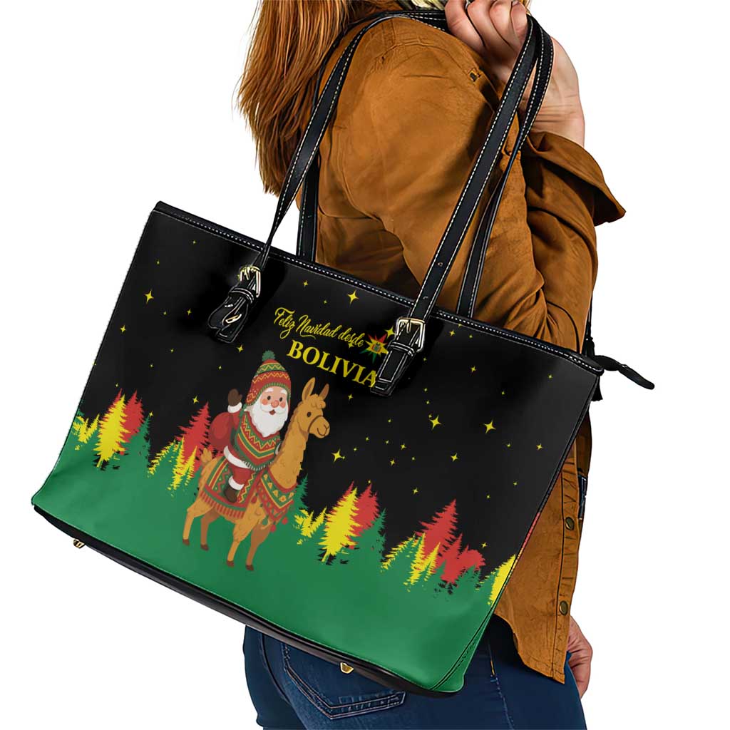 Bolivia Christmas Leather Tote Bag with Santa Claus Llama Andean Outfit and Festive Tree Design - Wonder Print Shop