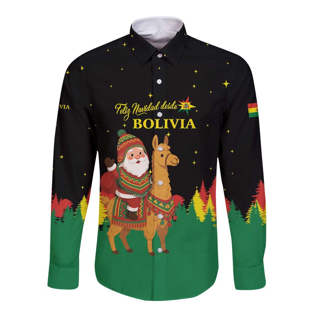 Bolivia Christmas Long Sleeve Button Shirt with Santa Claus Llama Andean Outfit and Festive Tree Design - Wonder Print Shop