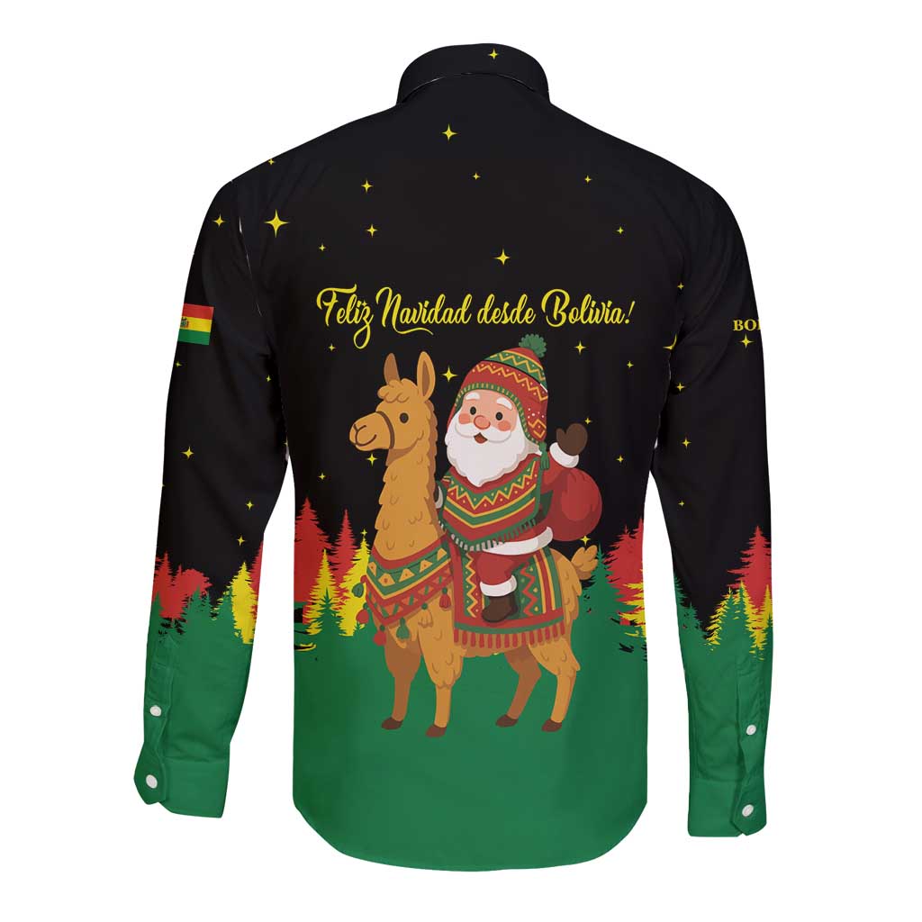 Bolivia Christmas Long Sleeve Button Shirt with Santa Claus Llama Andean Outfit and Festive Tree Design - Wonder Print Shop