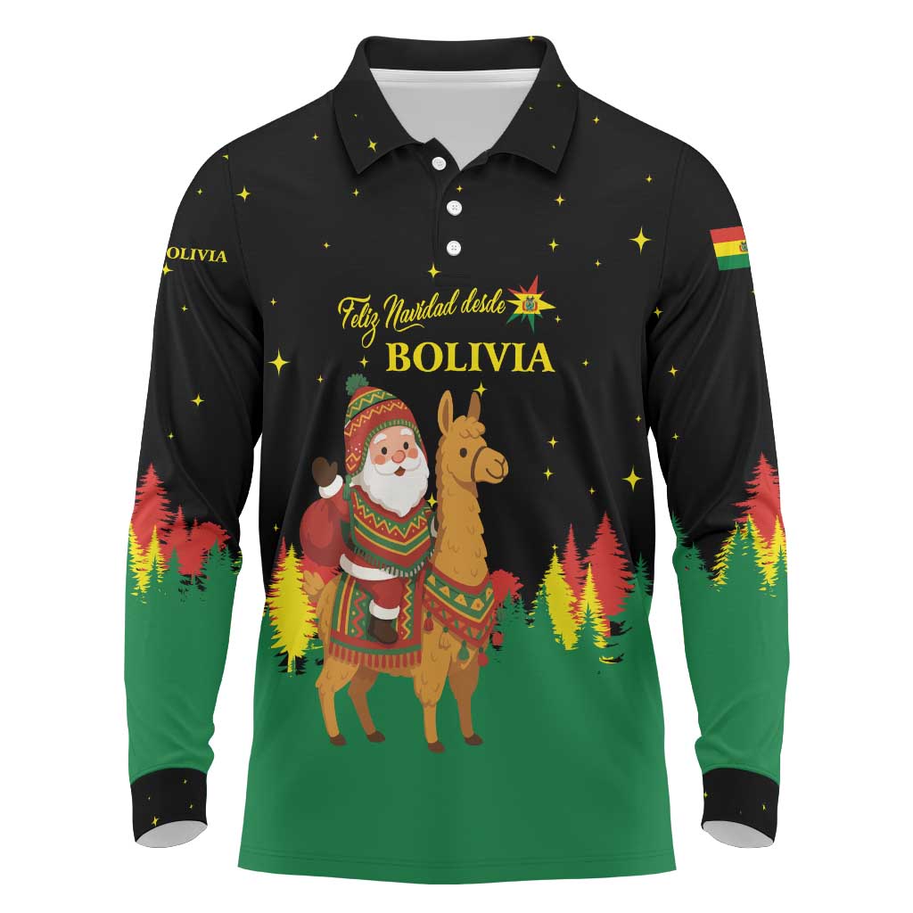 Bolivia Christmas Long Sleeve Polo Shirt with Santa Claus Llama Andean Outfit and Festive Tree Design - Wonder Print Shop