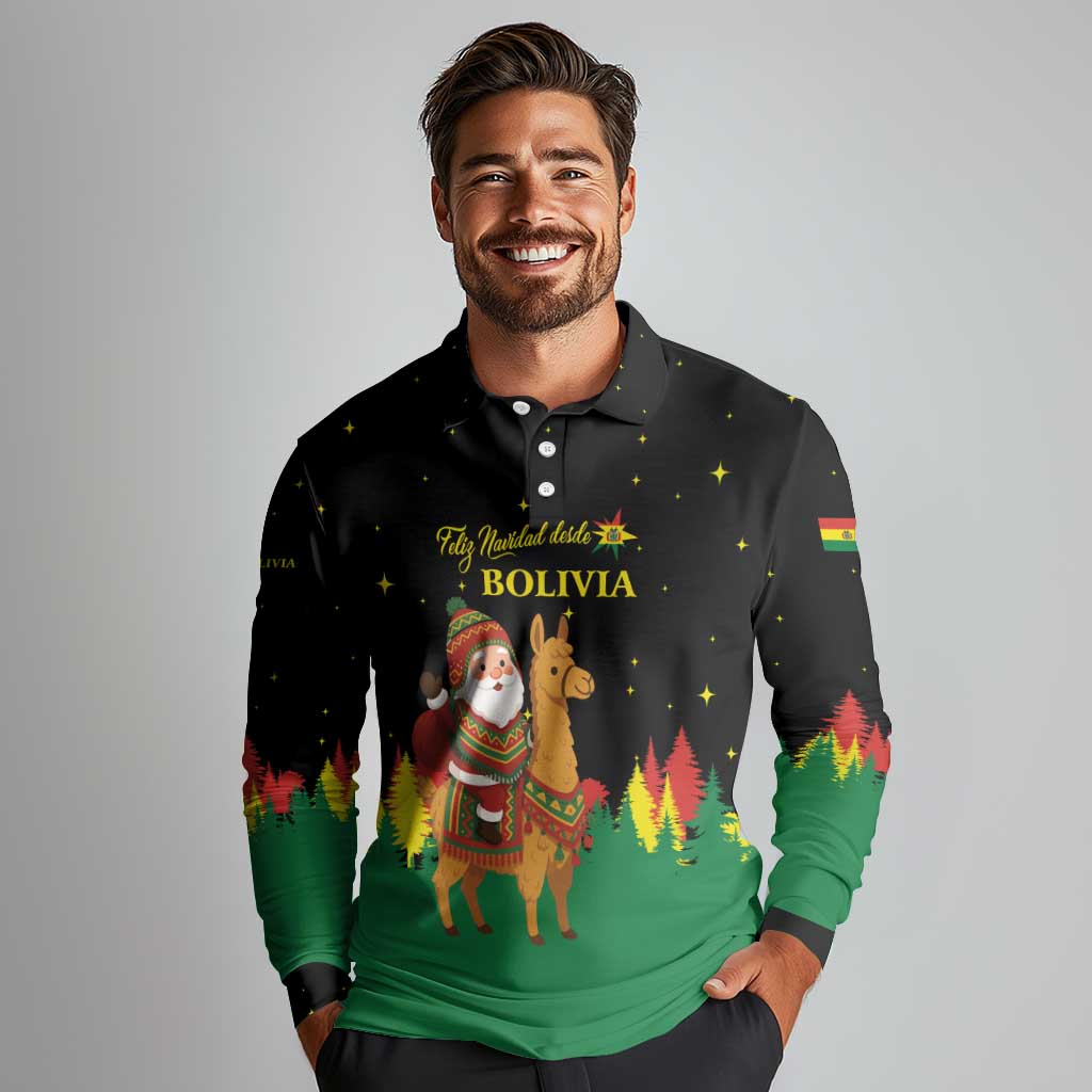 Bolivia Christmas Long Sleeve Polo Shirt with Santa Claus Llama Andean Outfit and Festive Tree Design - Wonder Print Shop
