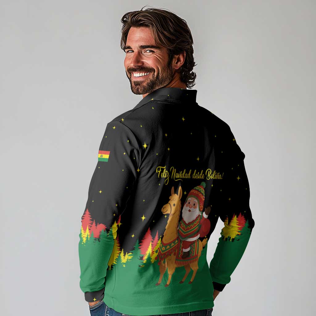 Bolivia Christmas Long Sleeve Polo Shirt with Santa Claus Llama Andean Outfit and Festive Tree Design - Wonder Print Shop