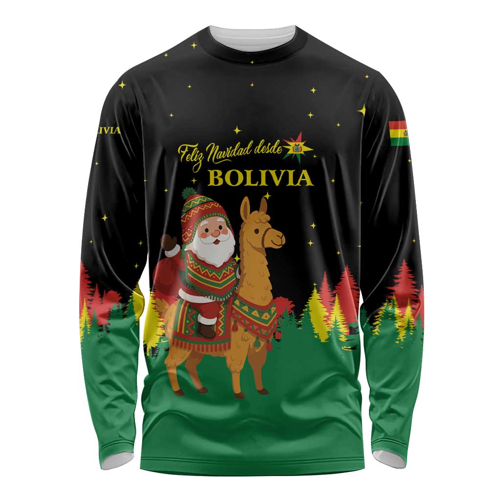 Bolivia Christmas Long Sleeve Shirt with Santa Claus Llama Andean Outfit and Festive Tree Design - Wonder Print Shop