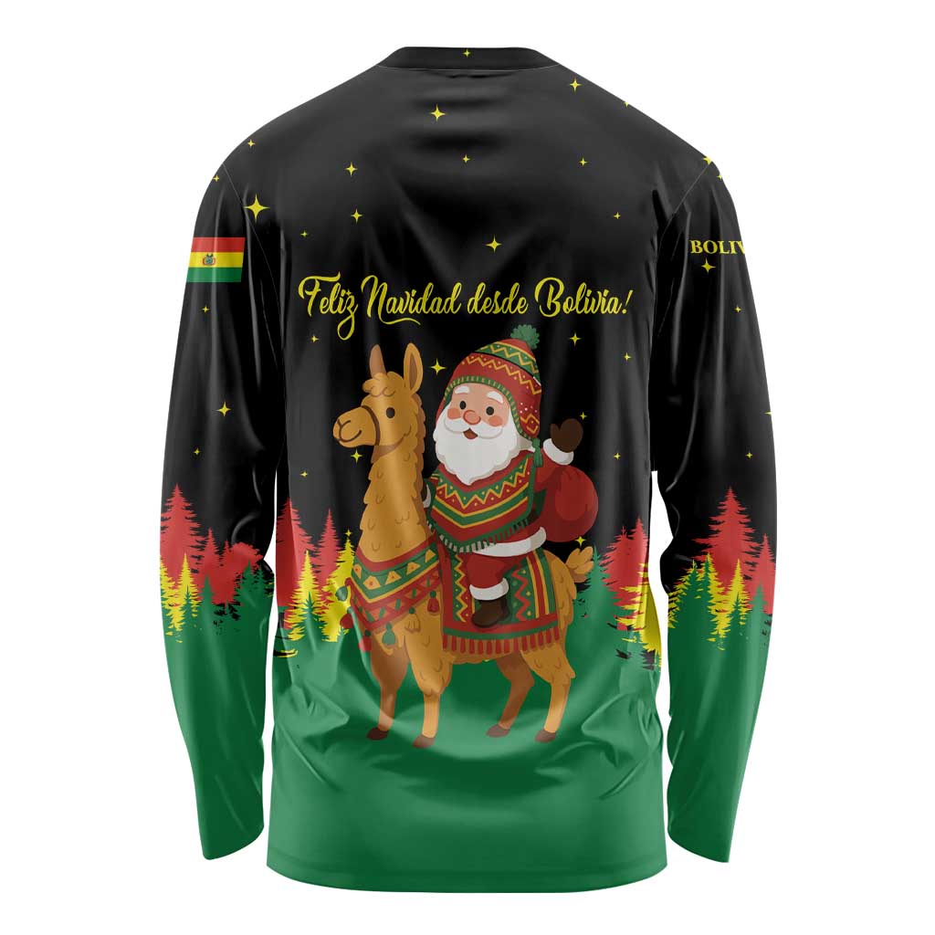 Bolivia Christmas Long Sleeve Shirt with Santa Claus Llama Andean Outfit and Festive Tree Design - Wonder Print Shop