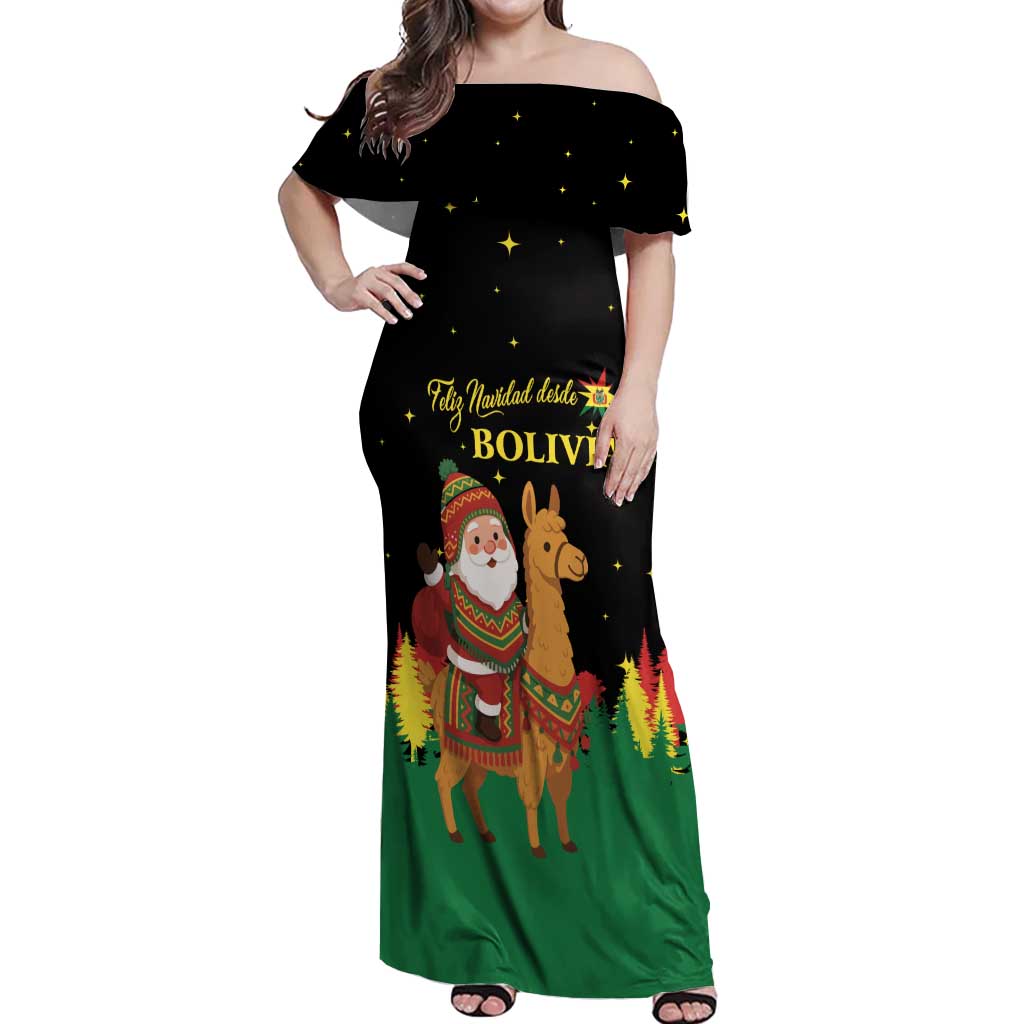 Bolivia Christmas Off Shoulder Maxi Dress with Santa Claus Llama Andean Outfit and Festive Tree Design - Wonder Print Shop