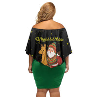 Bolivia Christmas Off Shoulder Short Dress with Santa Claus Llama Andean Outfit and Festive Tree Design - Wonder Print Shop