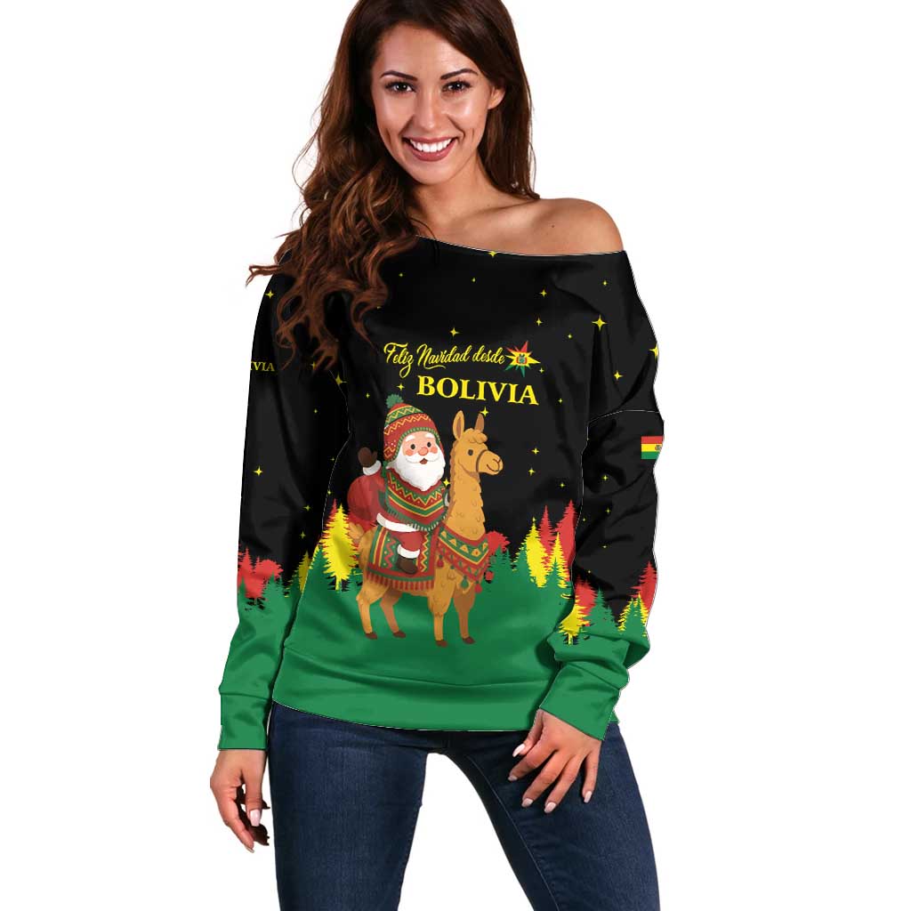 Bolivia Christmas Off Shoulder Sweater with Santa Claus Llama Andean Outfit and Festive Tree Design - Wonder Print Shop